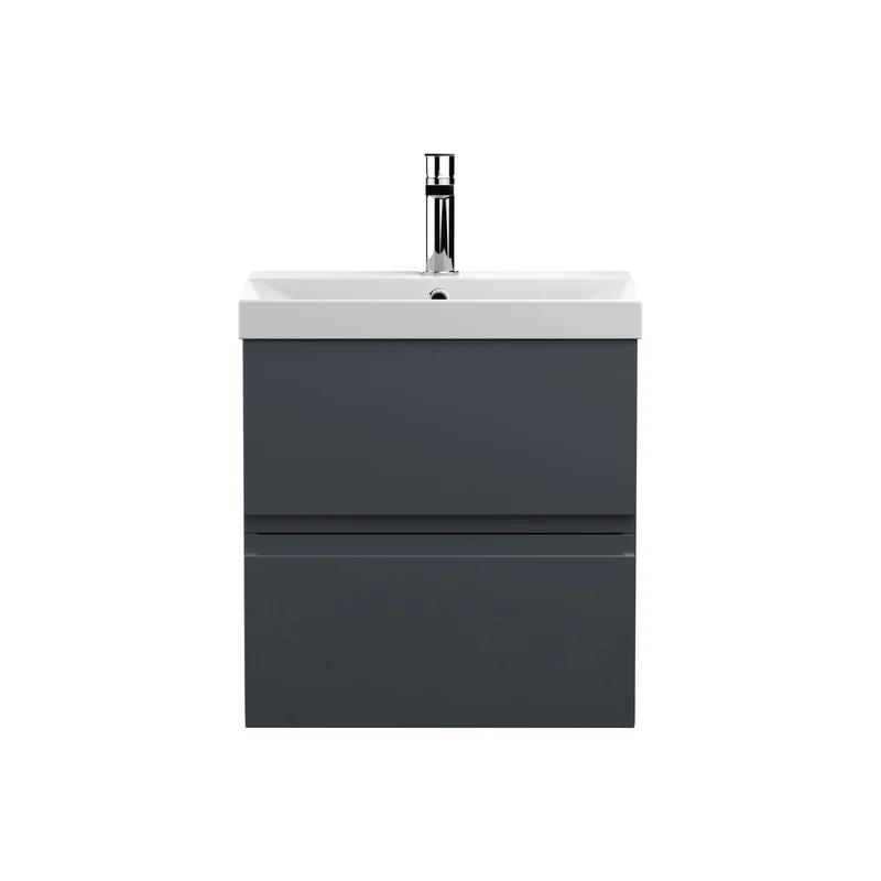 Urban 500mm Wall Hung 2 Drawer Vanity Unit & Thin Edge Ceramic Basin - Soft Black Satin