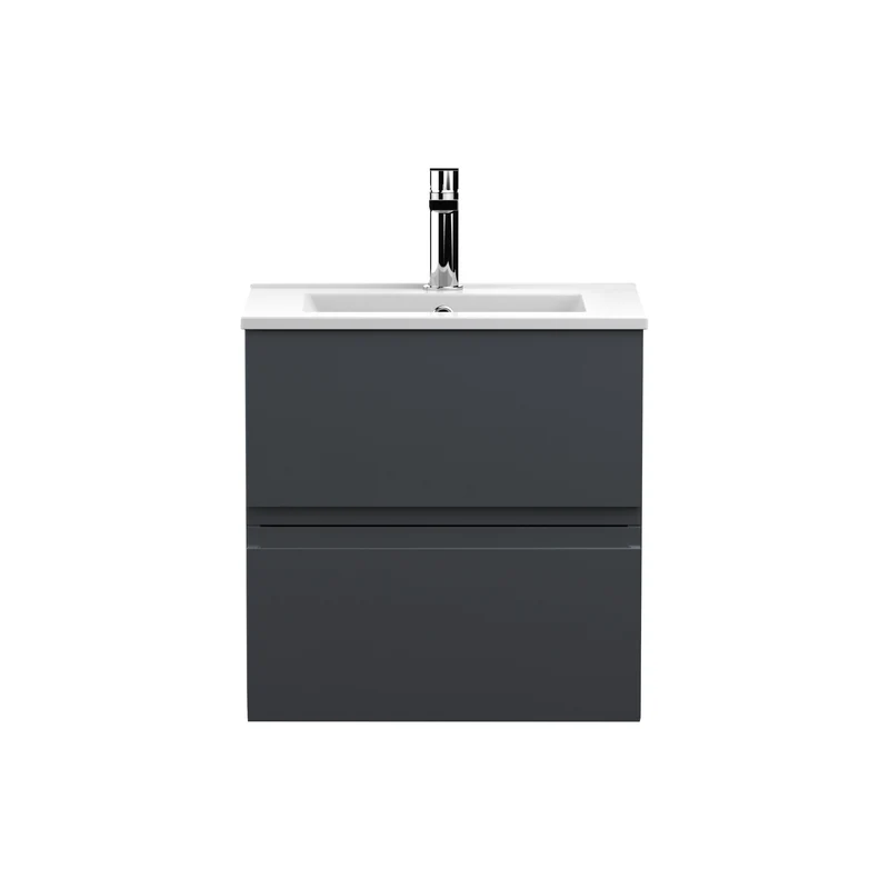 Urban 500mm Wall Hung 2 Drawer Vanity Unit & Minimalist Ceramic Basin - Soft Black Satin