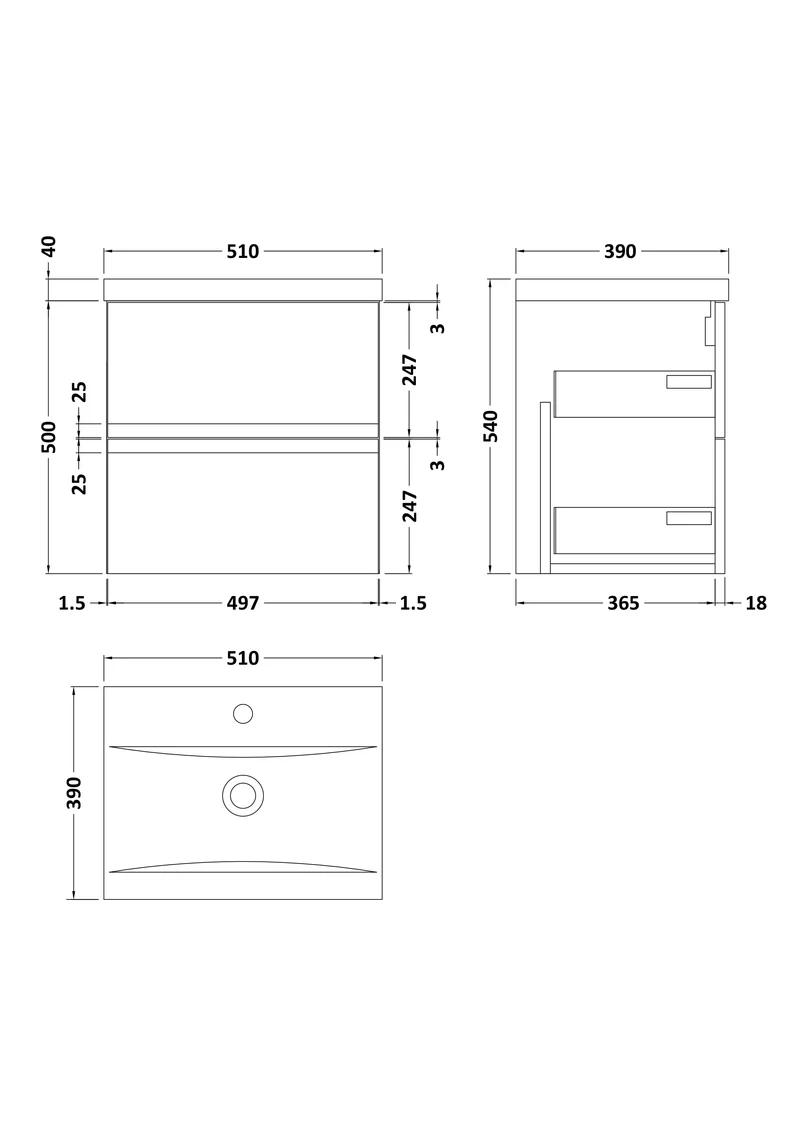 Urban 500mm Wall Hung 2 Drawer Vanity Unit & Mid Edge Ceramic Basin - Soft Black Satin