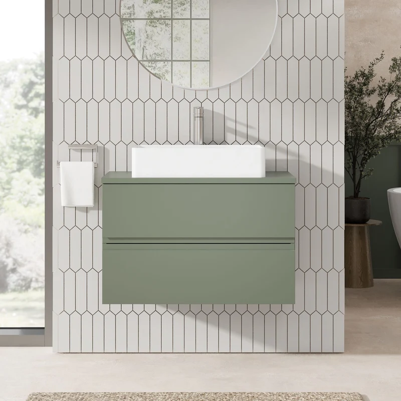 Urban 800mm Wall Hung 2 Drawer Vanity Unit & Worktop - Green Satin
