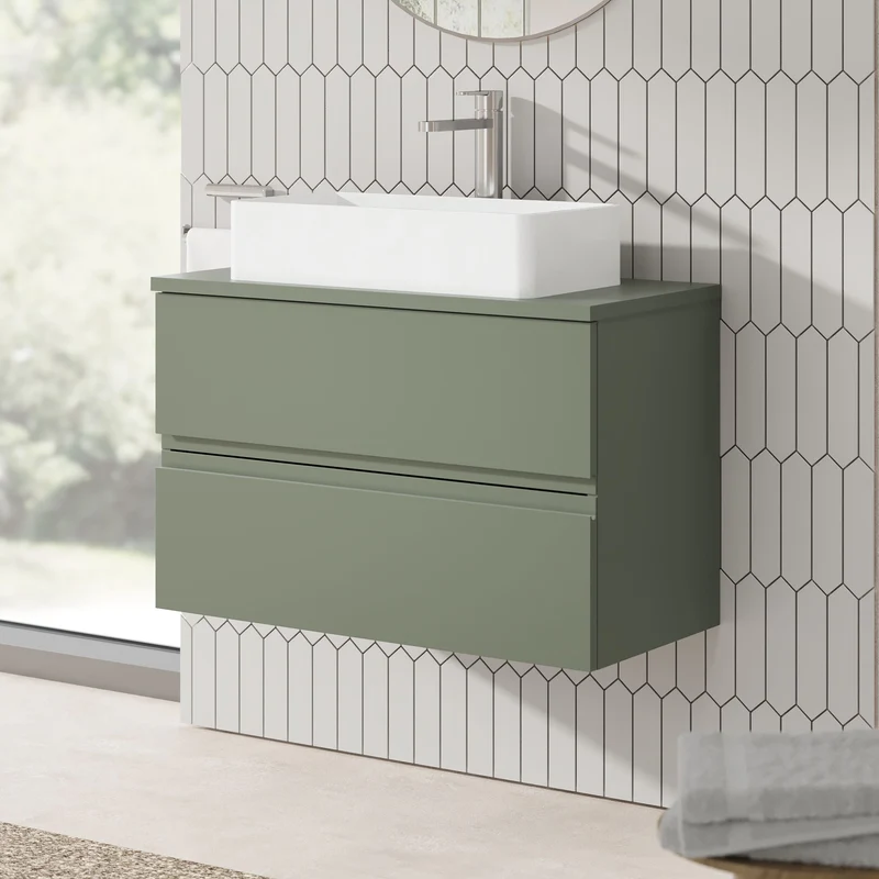 Urban 800mm Wall Hung 2 Drawer Vanity Unit & Worktop - Green Satin