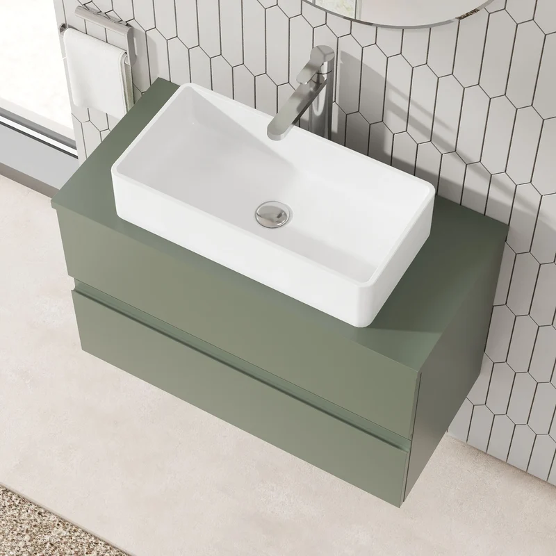 Urban 800mm Wall Hung 2 Drawer Vanity Unit & Worktop - Green Satin