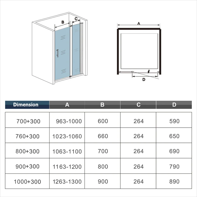 AICA porte de douche pivotante 187cm ou 197cm installation en niche verre transparent