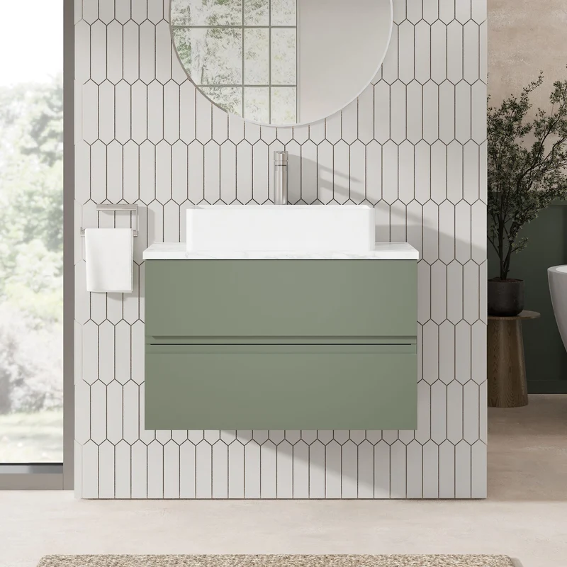 Urban 800mm Wall Hung 2 Drawer Vanity Unit & Carrera Marble Laminate Worktop - Green Satin