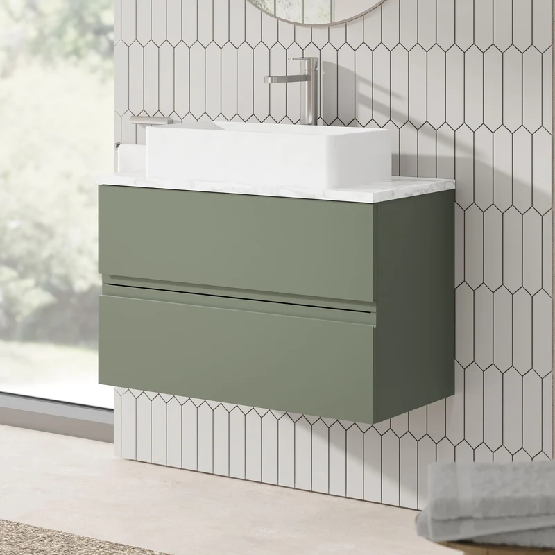 Urban 800mm Wall Hung 2 Drawer Vanity Unit & Carrera Marble Laminate Worktop - Green Satin