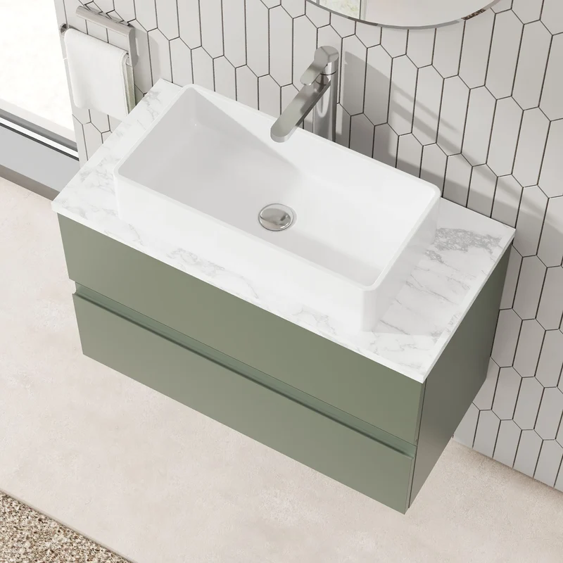 Urban 800mm Wall Hung 2 Drawer Vanity Unit & Carrera Marble Laminate Worktop - Green Satin