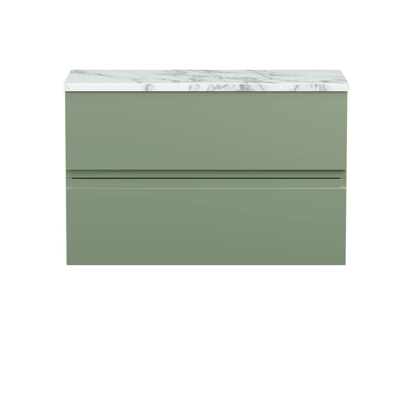 Urban 800mm Wall Hung 2 Drawer Vanity Unit & Carrera Marble Laminate Worktop - Green Satin
