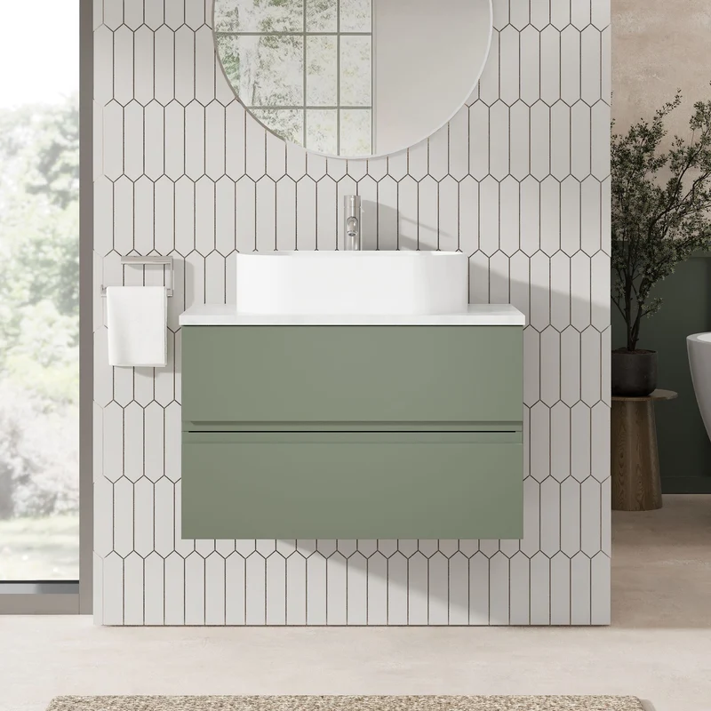 Urban 800mm Wall Hung 2 Drawer Vanity Unit & Bellato Grey Laminate Worktop - Green Satin