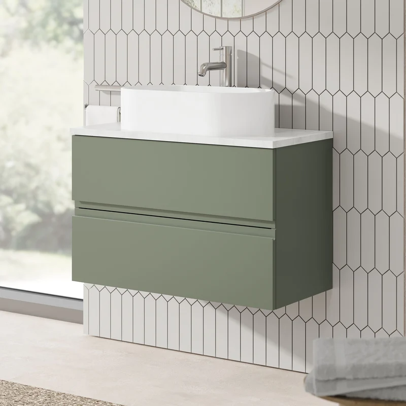 Urban 800mm Wall Hung 2 Drawer Vanity Unit & Bellato Grey Laminate Worktop - Green Satin