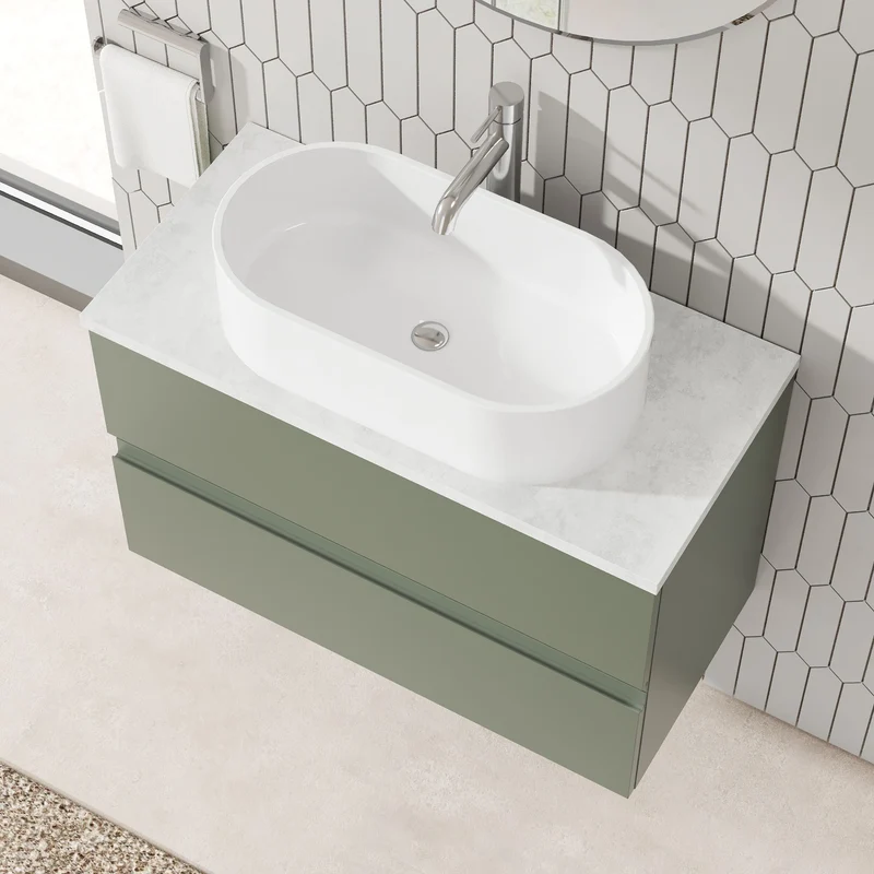 Urban 800mm Wall Hung 2 Drawer Vanity Unit & Bellato Grey Laminate Worktop - Green Satin