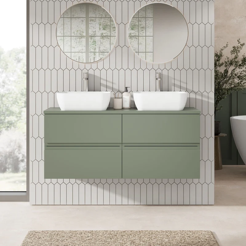 Urban 1200mm Wall Hung 4 Drawer Vanity Unit & Worktop - Green Satin