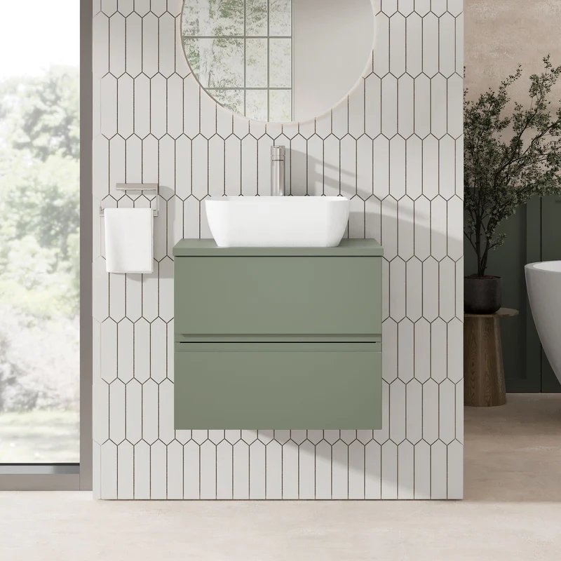 Urban 600mm Wall Hung 2 Drawer Vanity Unit & Worktop - Green Satin