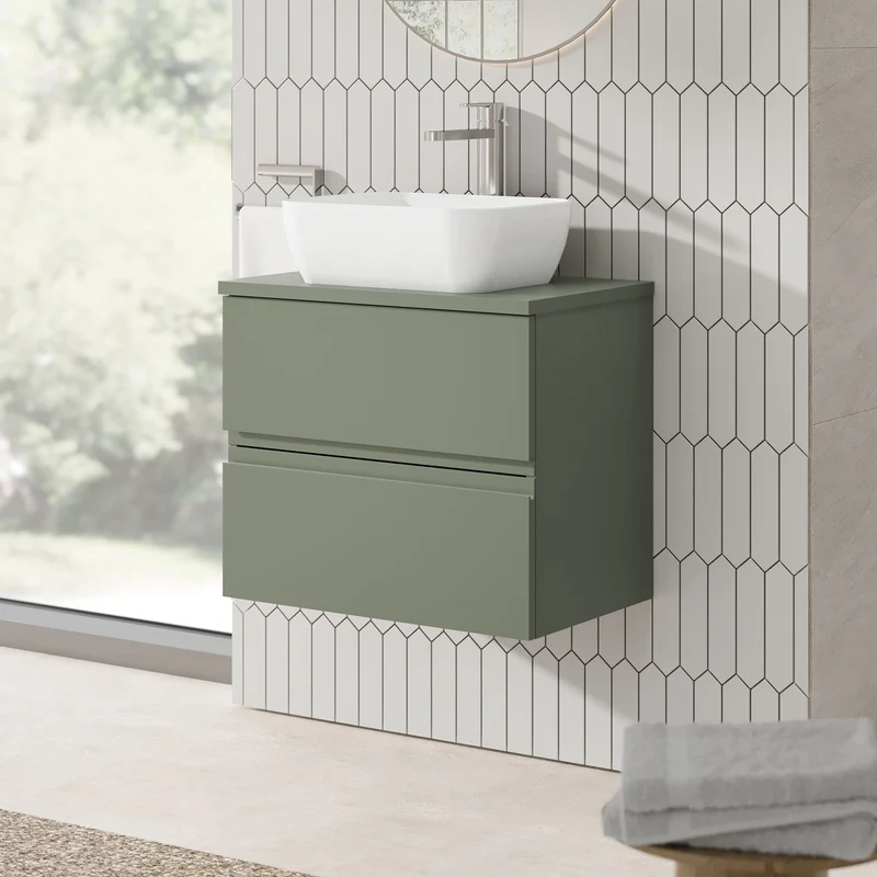 Urban 600mm Wall Hung 2 Drawer Vanity Unit & Worktop - Green Satin
