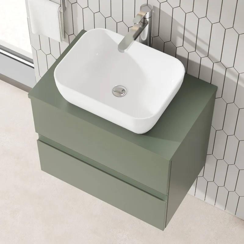 Urban 600mm Wall Hung 2 Drawer Vanity Unit & Worktop - Green Satin