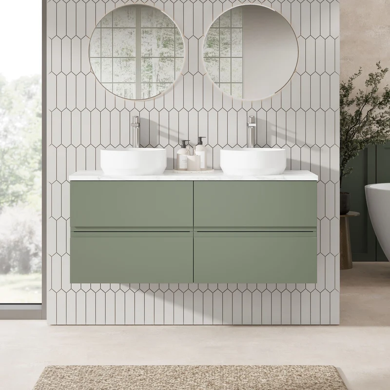 Urban 1200mm Wall Hung 4 Drawer Vanity Unit & Carrera Marble Laminate Worktop - Green Satin
