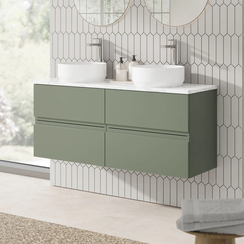 Urban 1200mm Wall Hung 4 Drawer Vanity Unit & Carrera Marble Laminate Worktop - Green Satin