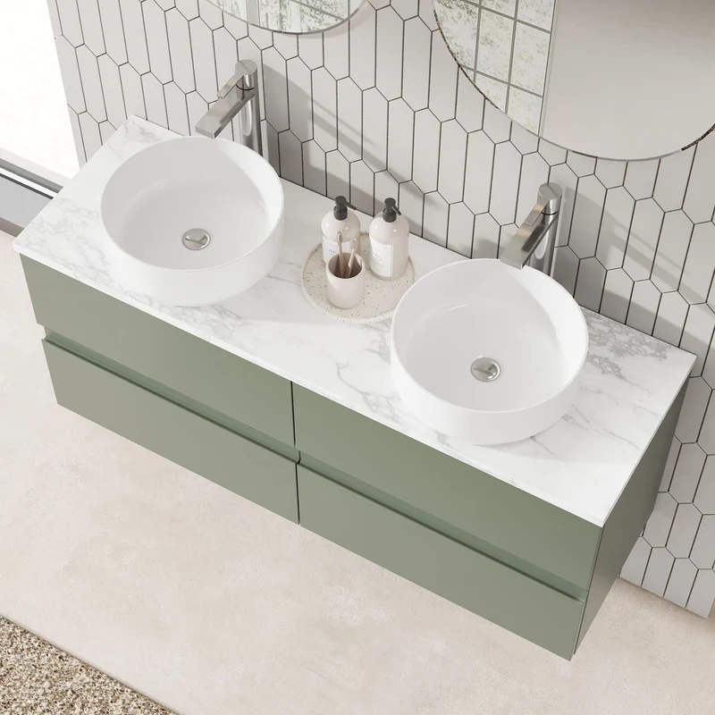 Urban 1200mm Wall Hung 4 Drawer Vanity Unit & Carrera Marble Laminate Worktop - Green Satin