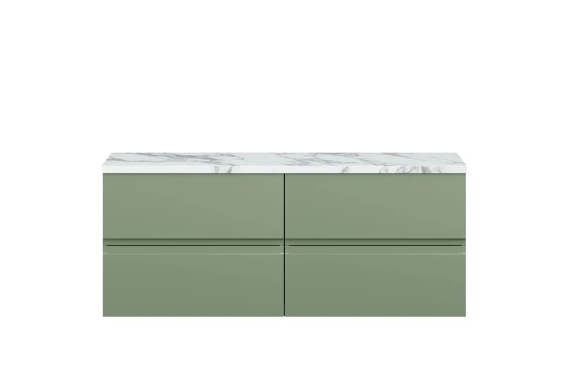 Urban 1200mm Wall Hung 4 Drawer Vanity Unit & Carrera Marble Laminate Worktop - Green Satin