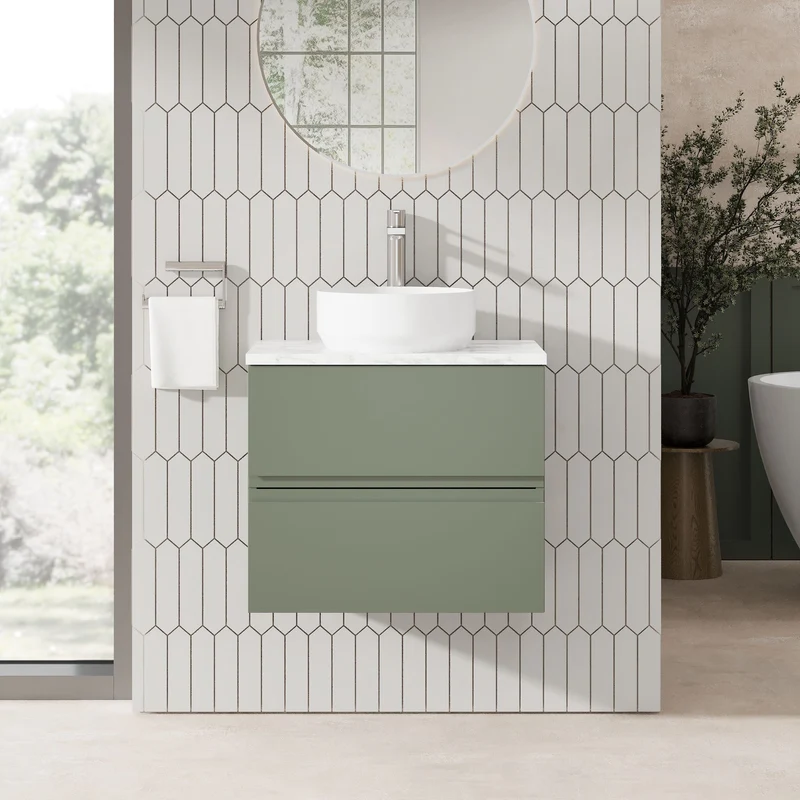 Urban 600mm Wall Hung 2 Drawer Vanity Unit & Carrera Marble Laminate Worktop - Green Satin