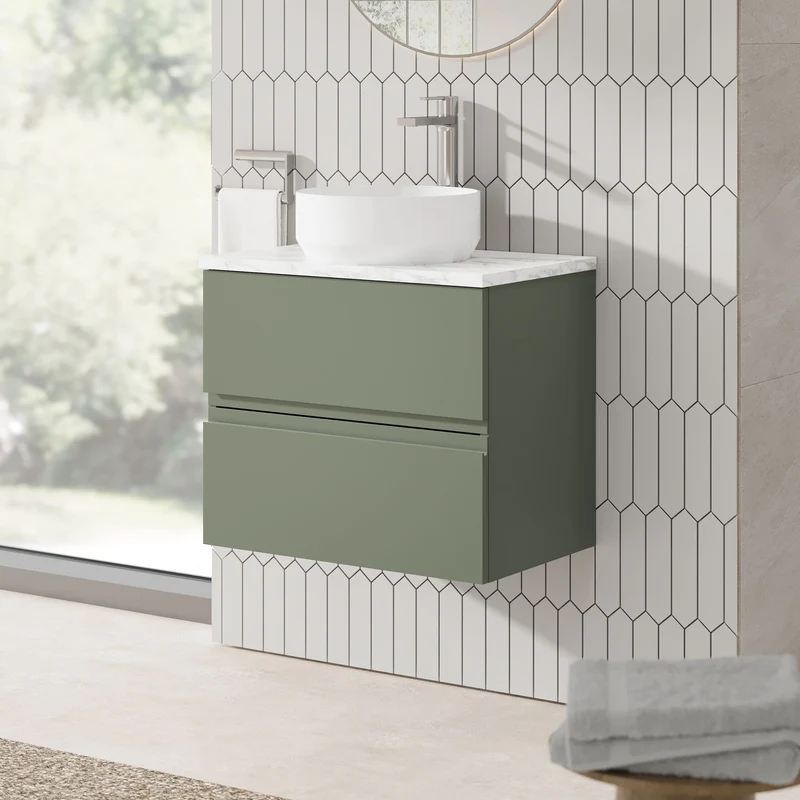 Urban 600mm Wall Hung 2 Drawer Vanity Unit & Carrera Marble Laminate Worktop - Green Satin