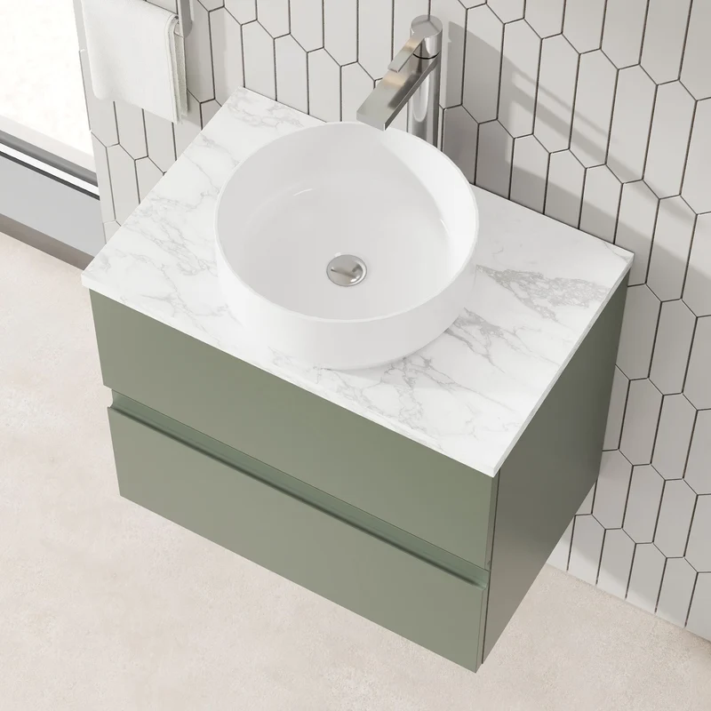 Urban 600mm Wall Hung 2 Drawer Vanity Unit & Carrera Marble Laminate Worktop - Green Satin