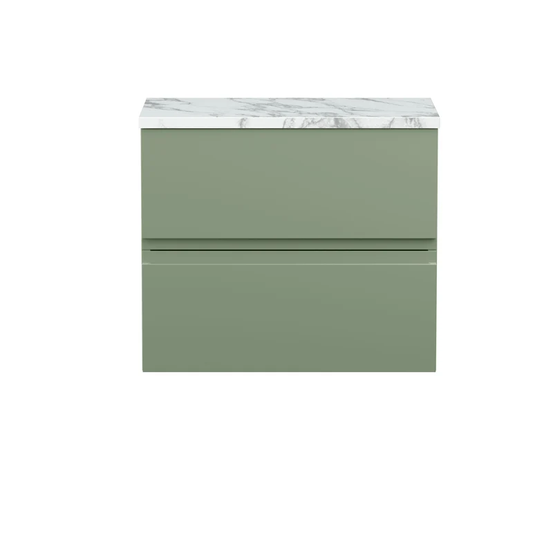 Urban 600mm Wall Hung 2 Drawer Vanity Unit & Carrera Marble Laminate Worktop - Green Satin