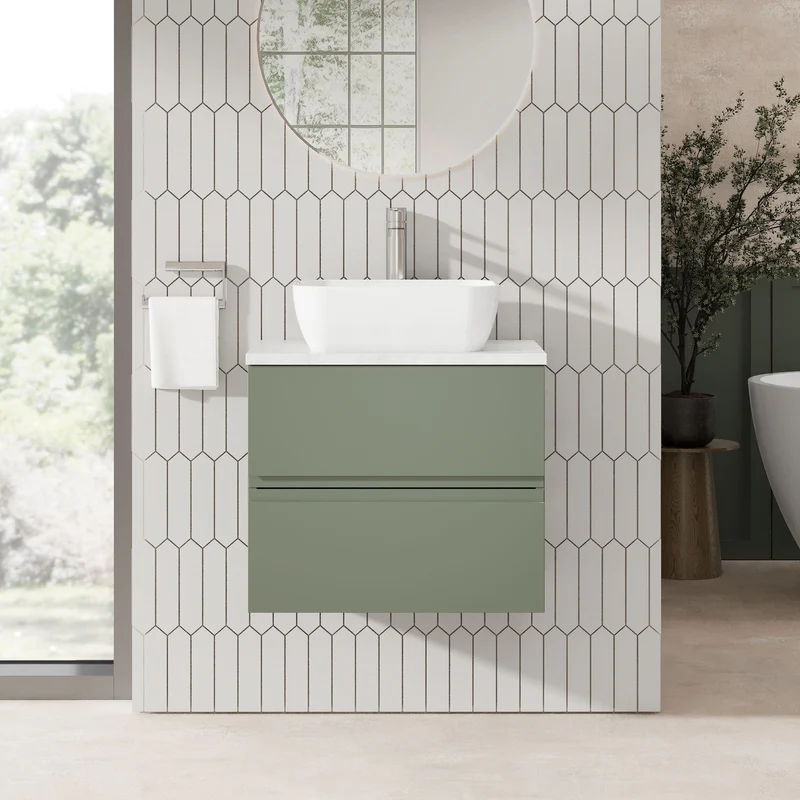 Urban 600mm Wall Hung 2 Drawer Vanity Unit & Bellato Grey Laminate Worktop - Green Satin