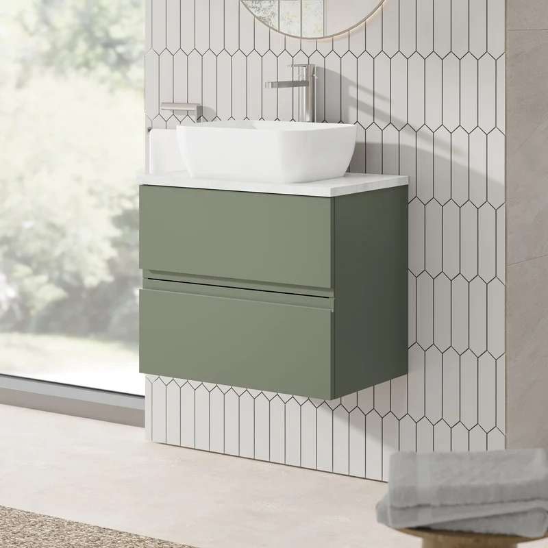 Urban 600mm Wall Hung 2 Drawer Vanity Unit & Bellato Grey Laminate Worktop - Green Satin