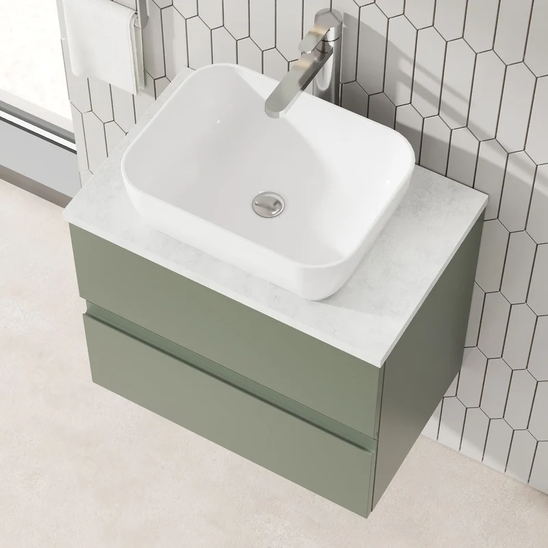 Urban 600mm Wall Hung 2 Drawer Vanity Unit & Bellato Grey Laminate Worktop - Green Satin