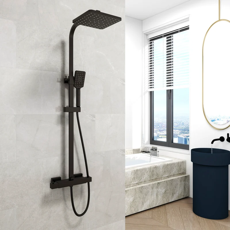 Aica Salle de bain Colonne de douche thermostatique Noir mat 90-125cm Barre réglable, Pommeau de douche pour salle de bain