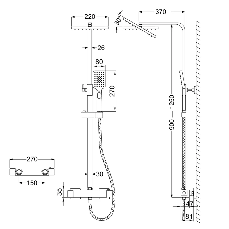 Aica Salle de bain Colonne de douche thermostatique Noir mat 90-125cm Barre réglable, Pommeau de douche pour salle de bain