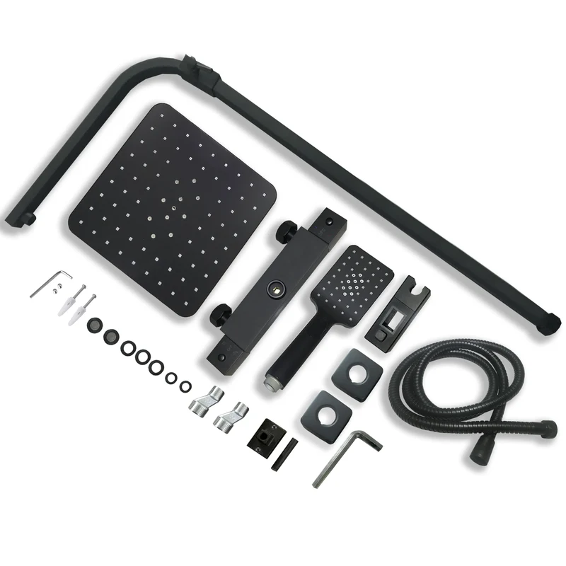 Aica Salle de bain Colonne de douche thermostatique Noir mat 90-125cm Barre réglable, Pommeau de douche pour salle de bain