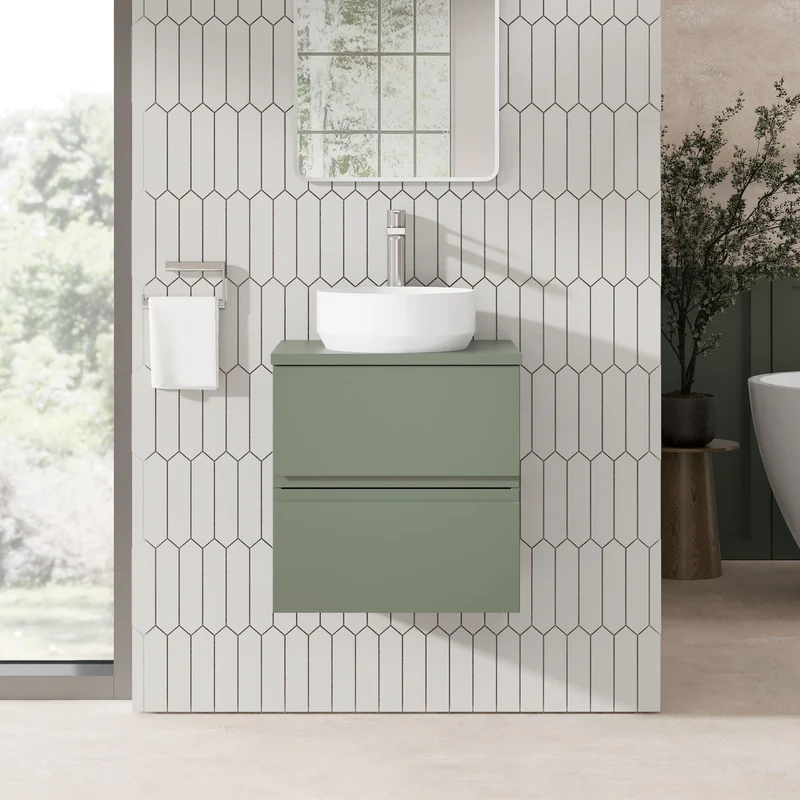 Urban 500mm Wall Hung 2 Drawer Vanity Unit & Worktop - Green Satin