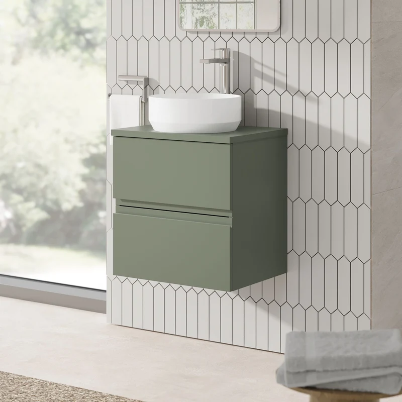 Urban 500mm Wall Hung 2 Drawer Vanity Unit & Worktop - Green Satin
