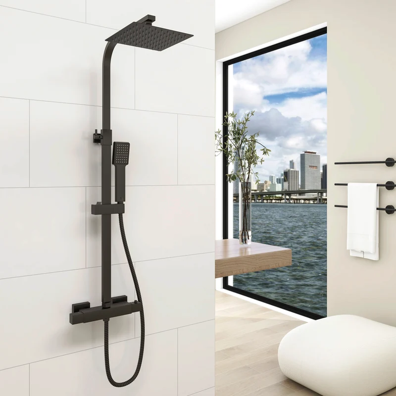 Aica Colonne de Douche Thermostatique Noir Mat 80-120cm Barre Réglable, Pommeau de Douche pour Salle de Bains