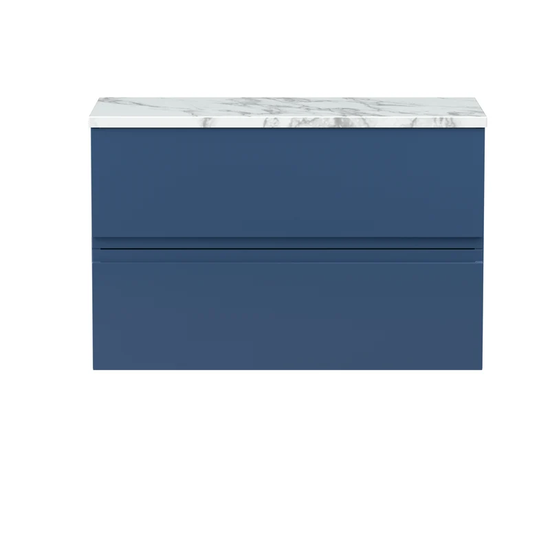 Urban 800mm Wall Hung 2 Drawer Vanity Unit & Carrera Marble Laminate Worktop - Blue Satin