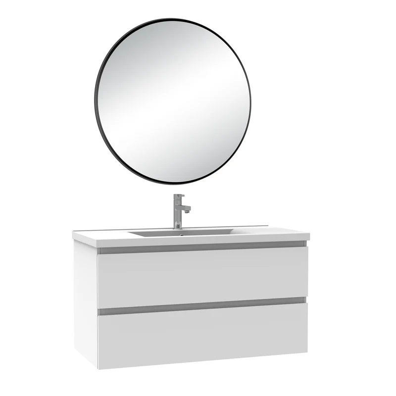 Meuble salle de bain simple vasque 100cm blanc/Anthracite/Chêne Wotan meuble acve rond miroir - Aica