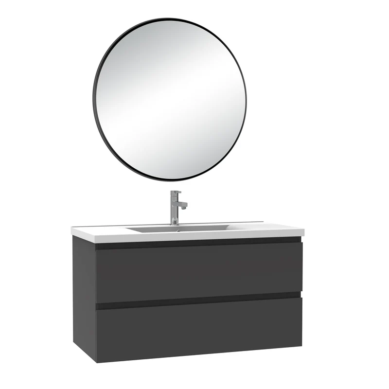 Meuble salle de bain simple vasque 100cm blanc/Anthracite/Chêne Wotan meuble acve rond miroir - Aica