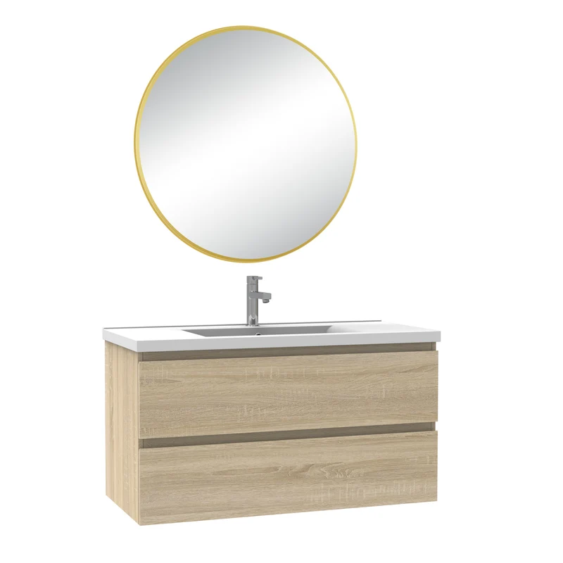 Meuble salle de bain simple vasque 100cm blanc/Anthracite/Chêne Wotan meuble acve rond miroir - Aica