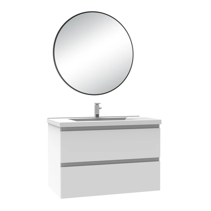 Meuble salle de bain simple vasque 80cm blanc/Anthracite/Chêne Wotan meuble acve rond miroir - Aica