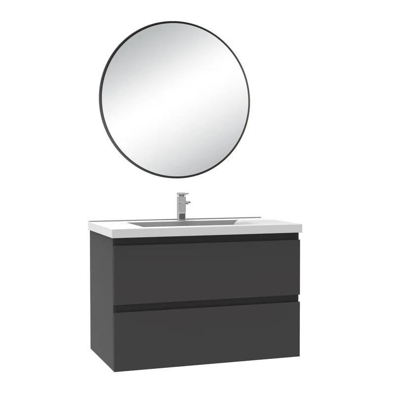 Meuble salle de bain simple vasque 80cm blanc/Anthracite/Chêne Wotan meuble acve rond miroir - Aica