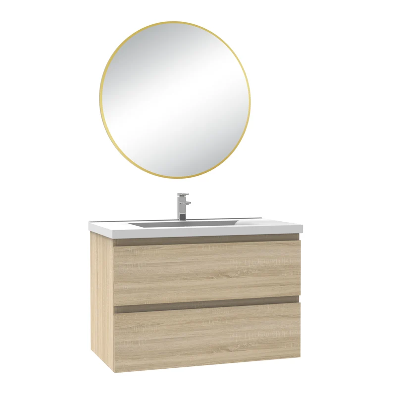 Meuble salle de bain simple vasque 80cm blanc/Anthracite/Chêne Wotan meuble acve rond miroir - Aica