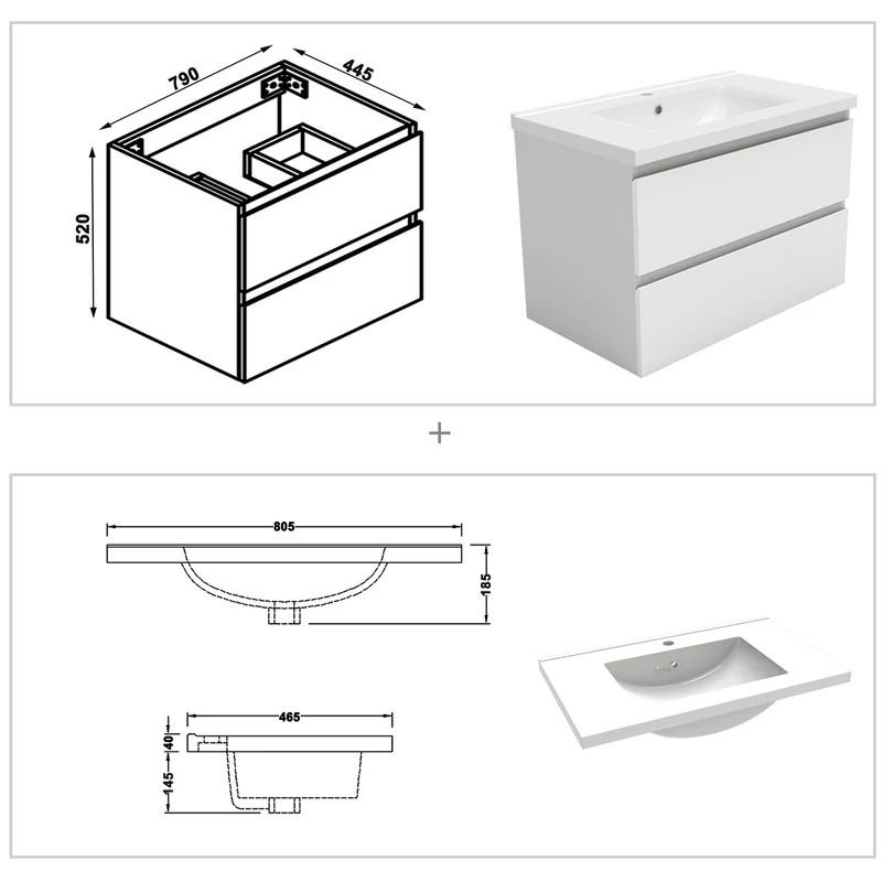 Meuble salle de bain simple vasque 80cm blanc/Anthracite/Chêne Wotan meuble acve rond miroir - Aica