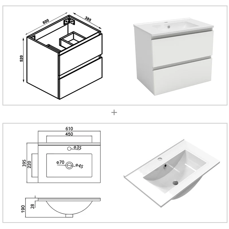 Meuble salle de bain simple vasque 60cm blanc/Anthracite/Chêne Wotan meuble acve rond miroir - Aica