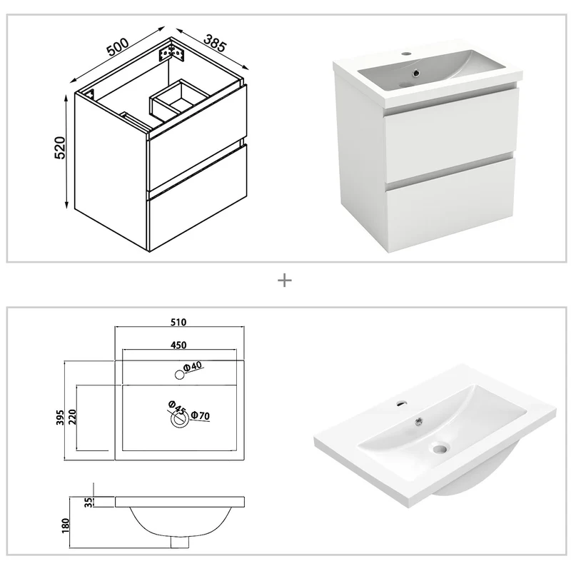 Meuble salle de bain simple vasque 50cm blanc/Anthracite/Chêne Wotan meuble acve miroir - Aica