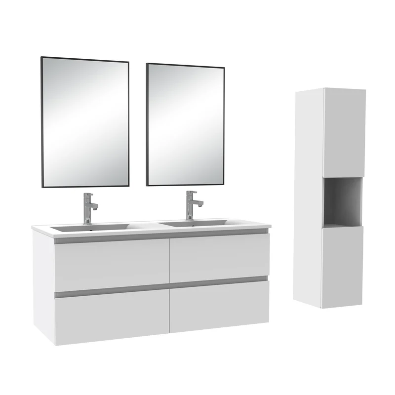 Ensemble Salle De Bain 120cm Blanc/Anthracite/Chêne Wotan meuble + miroir + colonne + vasque-Aica
