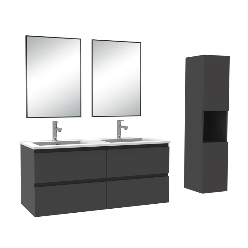 Ensemble Salle De Bain 120cm Blanc/Anthracite/Chêne Wotan meuble + miroir + colonne + vasque-Aica