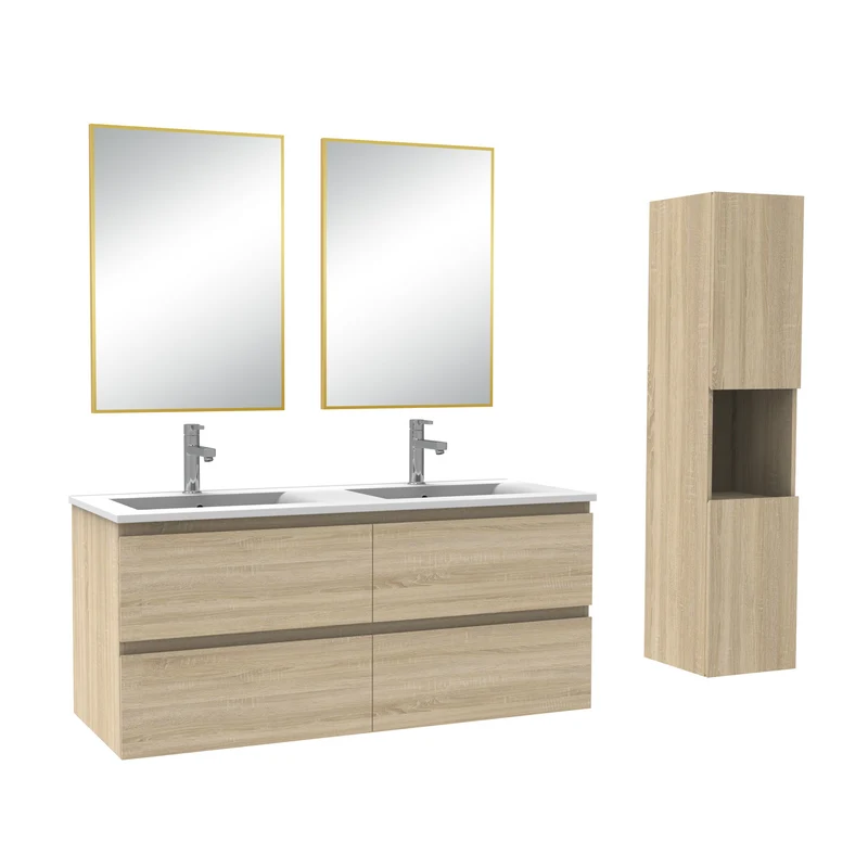 Ensemble Salle De Bain 120cm Blanc/Anthracite/Chêne Wotan meuble + miroir + colonne + vasque-Aica