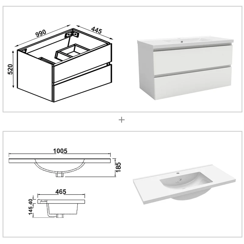 Ensemble Salle De Bain 100cm Blanc/Anthracite/Chêne Wotan meuble + miroir + colonne + vasque-Aica