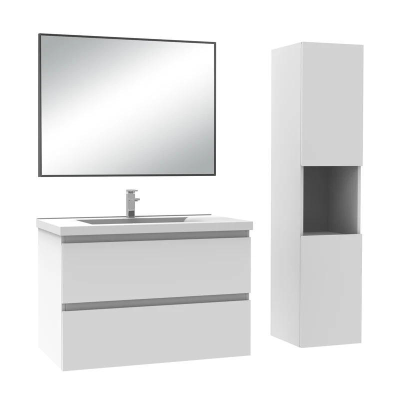 Ensemble Salle De Bain 80cm Blanc/Anthracite/Chêne Wotan meuble + miroir + colonne + vasque-Aica